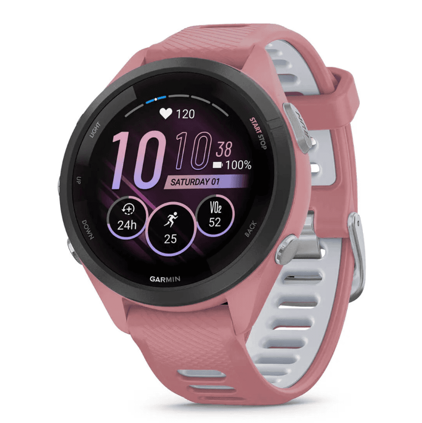 Forerunner® 265S Black Bezel with Light Pink Case and Light Pink/Whitestone Silicone Band