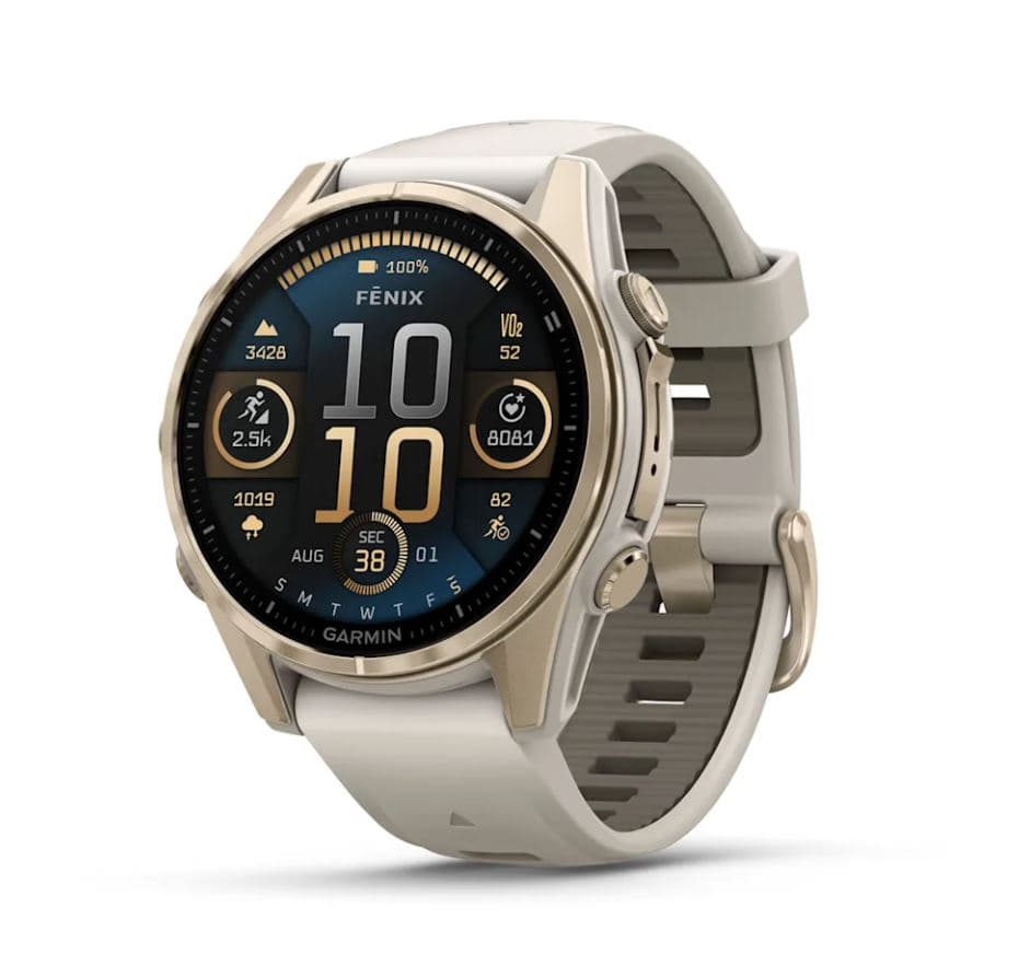 fēnix® 8 – 43 mm, AMOLED Sapphire, Soft Gold with Fog Gray/Dark Sandstone Silicone Band